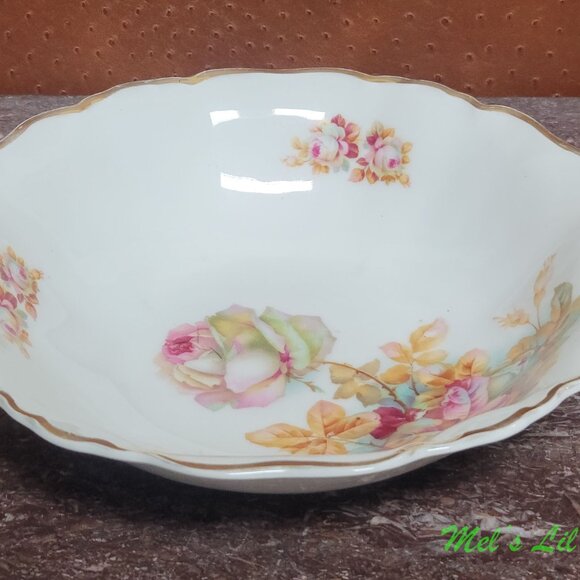 Antique German Hand Painted Large Roses & Gold Scalloped 10 Inch Bowl - Picture 3 of 7